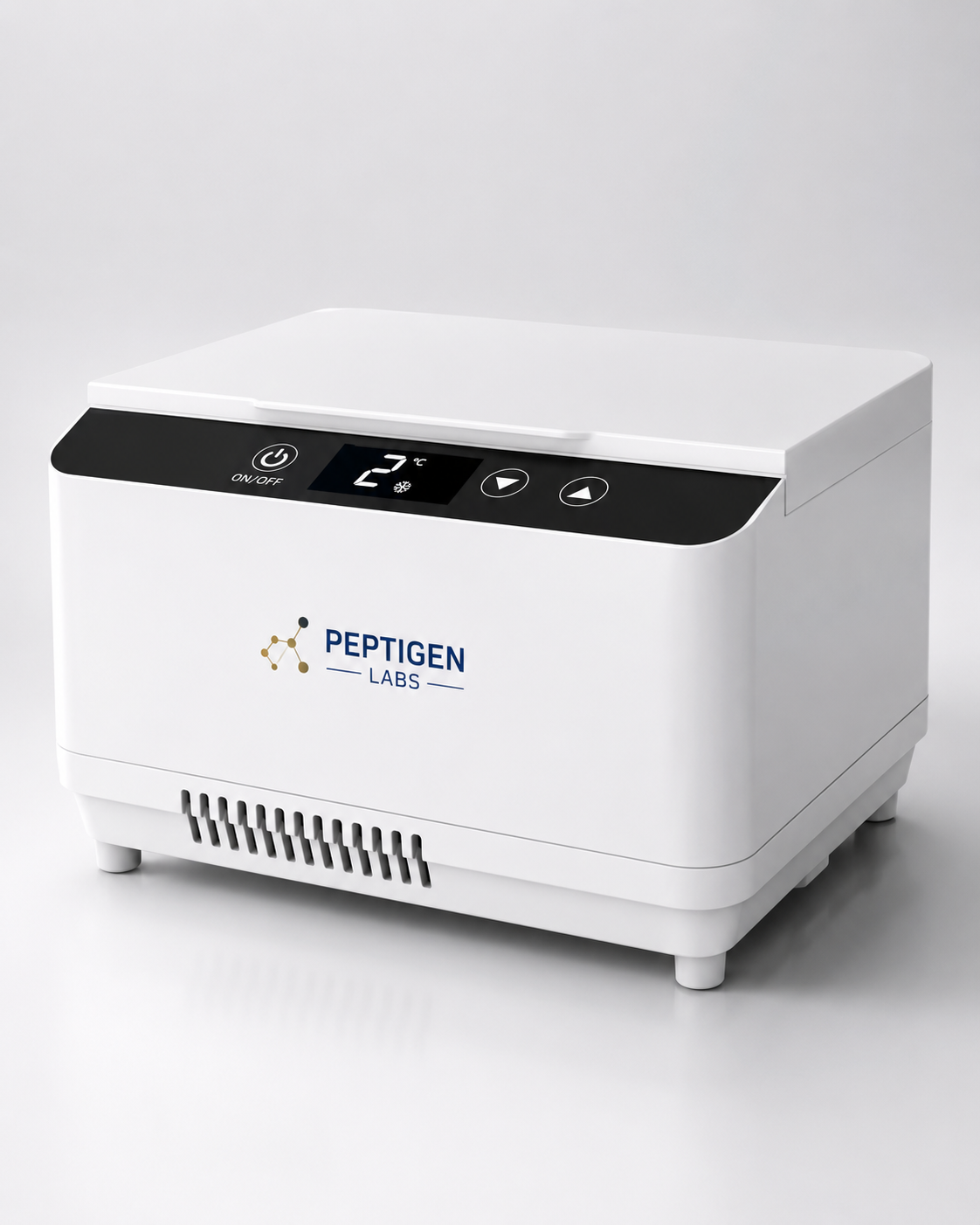 PeptiChill compact peptide cooler with Peptigen Labs logo and digital LCD showing 2°C