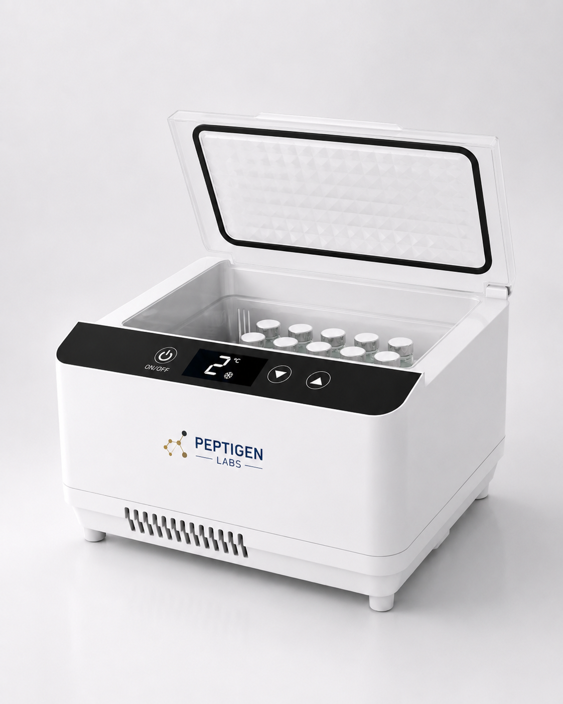 PeptiChill cooler with the top lid lifted open, showing internal organisation tray and front LCD at 2°C
